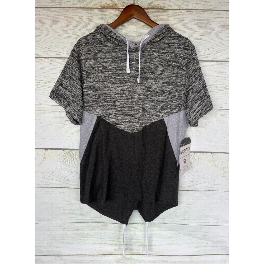 Encrypted Shirt Mens Size Large Black & Gray Hoodie Fishtail Hem Hooded New